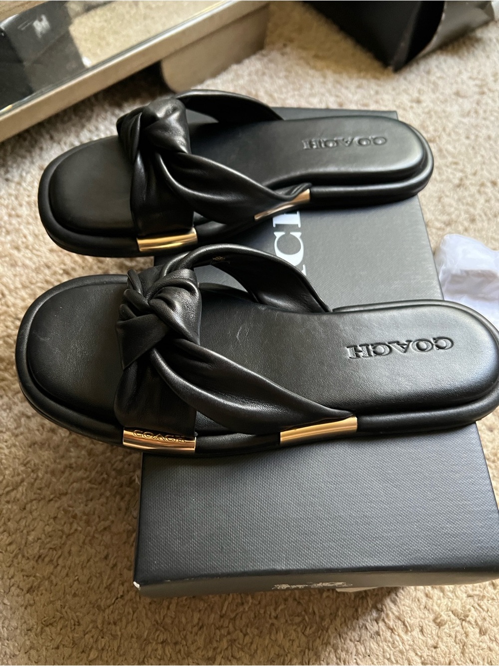 Coach Black Knotted Slide Sandals with Gold Trim - Picture 2 of 3